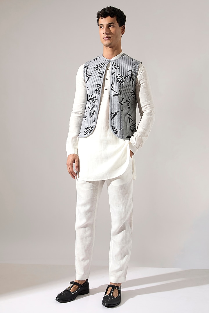 Grey Cotton & Linen Quilted Bundi Jacket Set by Son Of A Noble SNOB Men at Pernia's Pop Up Shop