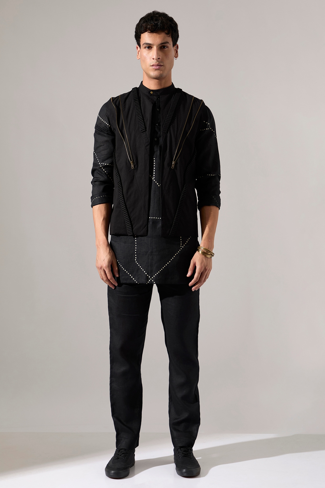 Son Of A Noble SNOB Black Cotton & Linen Asymmetric Bundi Jacket Set