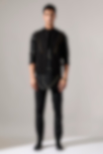 Black Cotton & Linen Asymmetric Bundi Jacket Set by Son Of A Noble SNOB Men at Pernia's Pop Up Shop