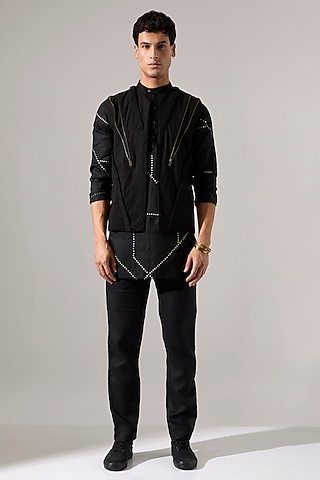Black Cotton & Linen Asymmetric Bundi Jacket Set by Son Of A Noble SNOB Men