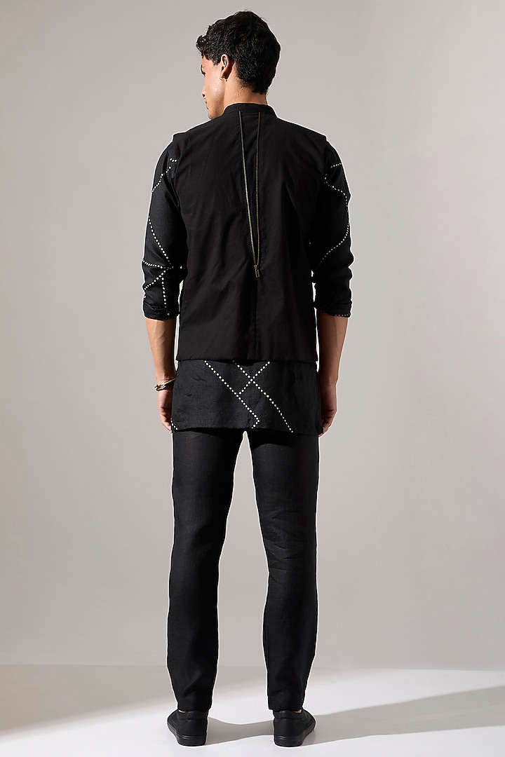 Black Cotton & Linen Asymmetric Bundi Jacket Set by Son Of A Noble SNOB Men at Pernia's Pop Up Shop