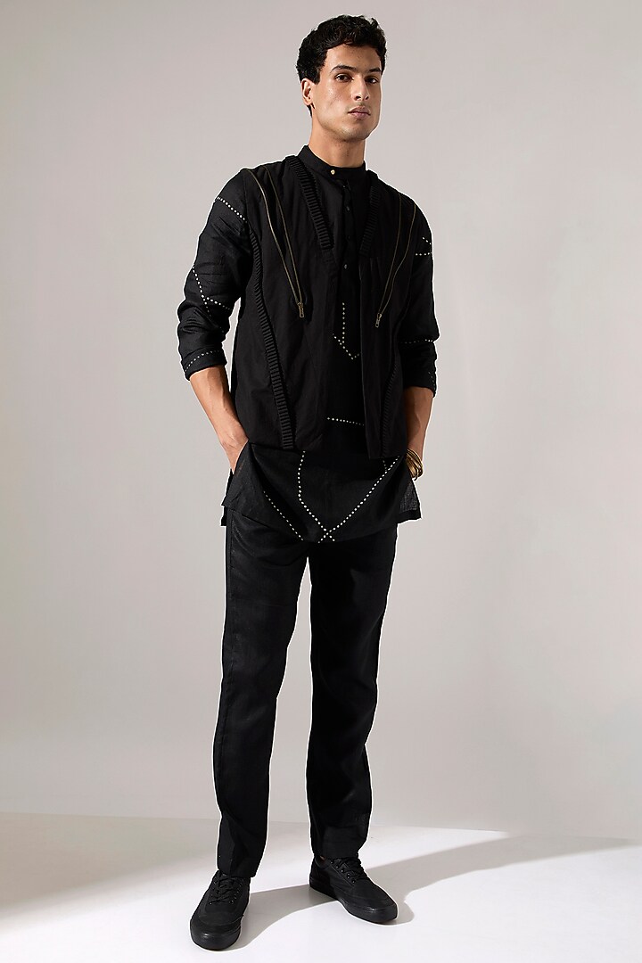 Black Cotton & Linen Asymmetric Bundi Jacket Set by Son Of A Noble SNOB Men at Pernia's Pop Up Shop