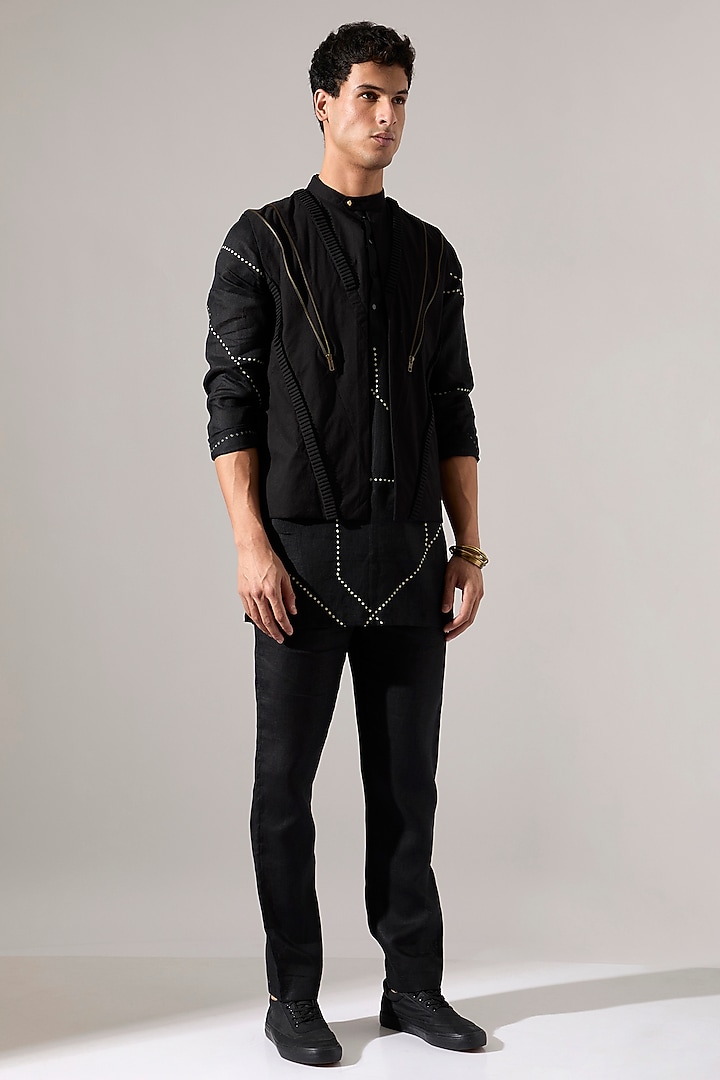 Black Cotton & Linen Asymmetric Bundi Jacket Set by Son Of A Noble SNOB Men at Pernia's Pop Up Shop