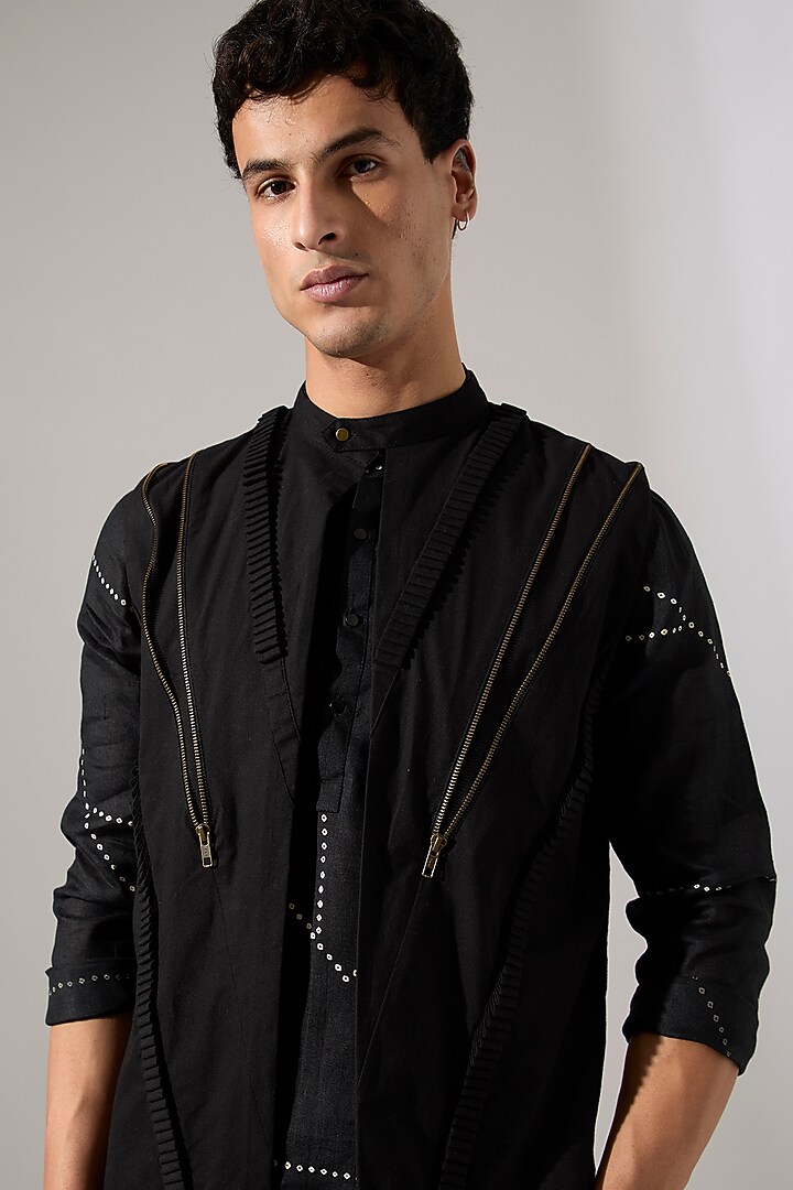 Black Cotton & Linen Asymmetric Bundi Jacket Set by Son Of A Noble SNOB Men at Pernia's Pop Up Shop