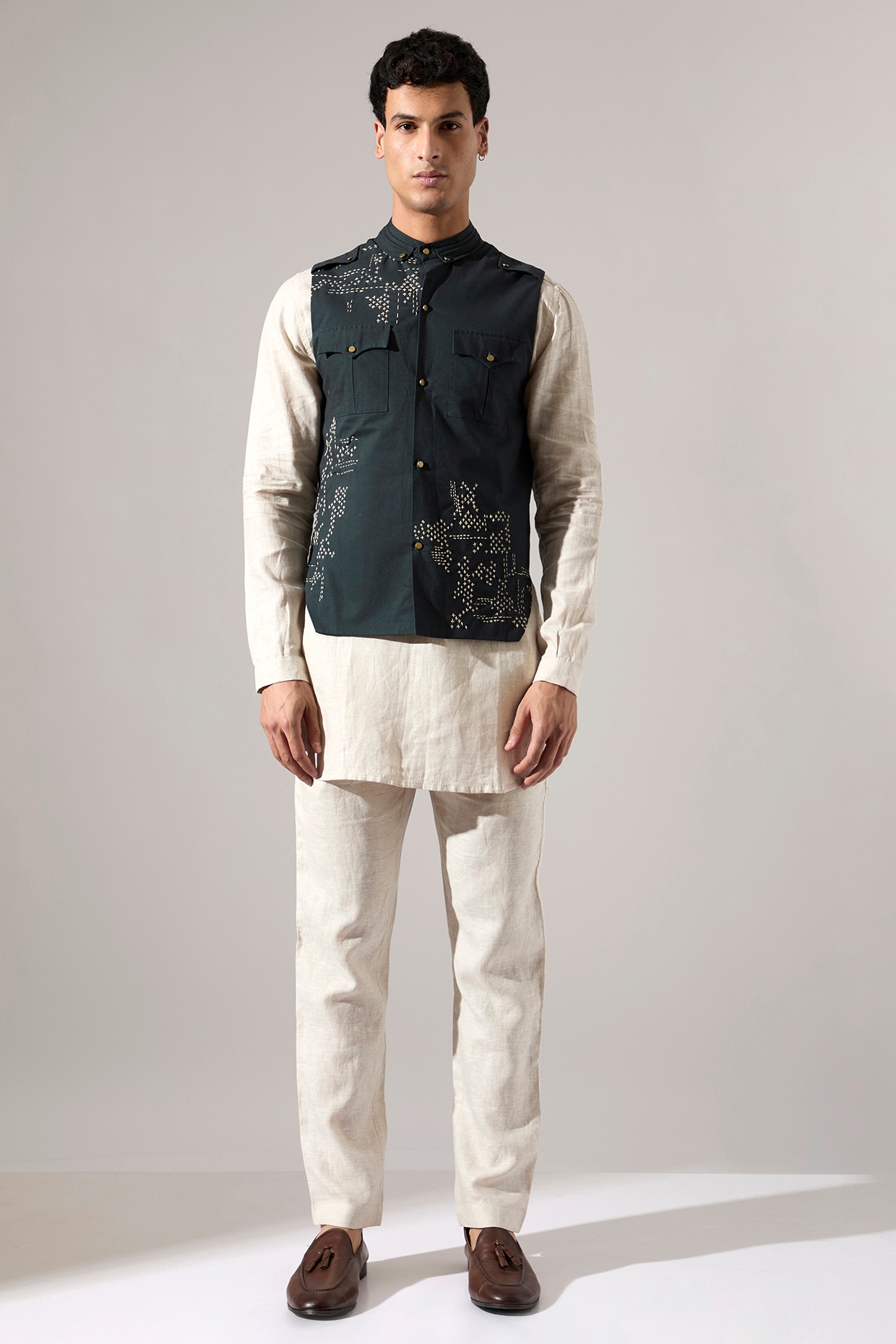 Son Of A Noble SNOB Forest Green Cotton & Linen Hand Embroidered Bundi Jacket Set
