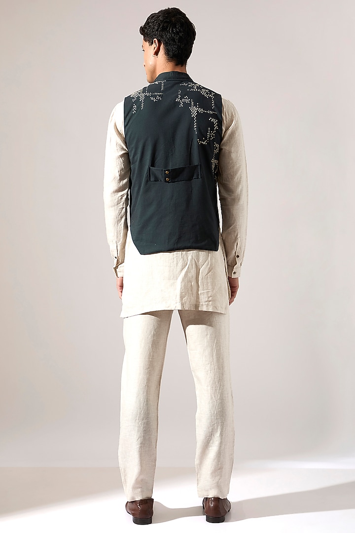 Forest Green Cotton & Linen Hand Embroidered Bundi Jacket Set by Son Of A Noble SNOB Men at Pernia's Pop Up Shop