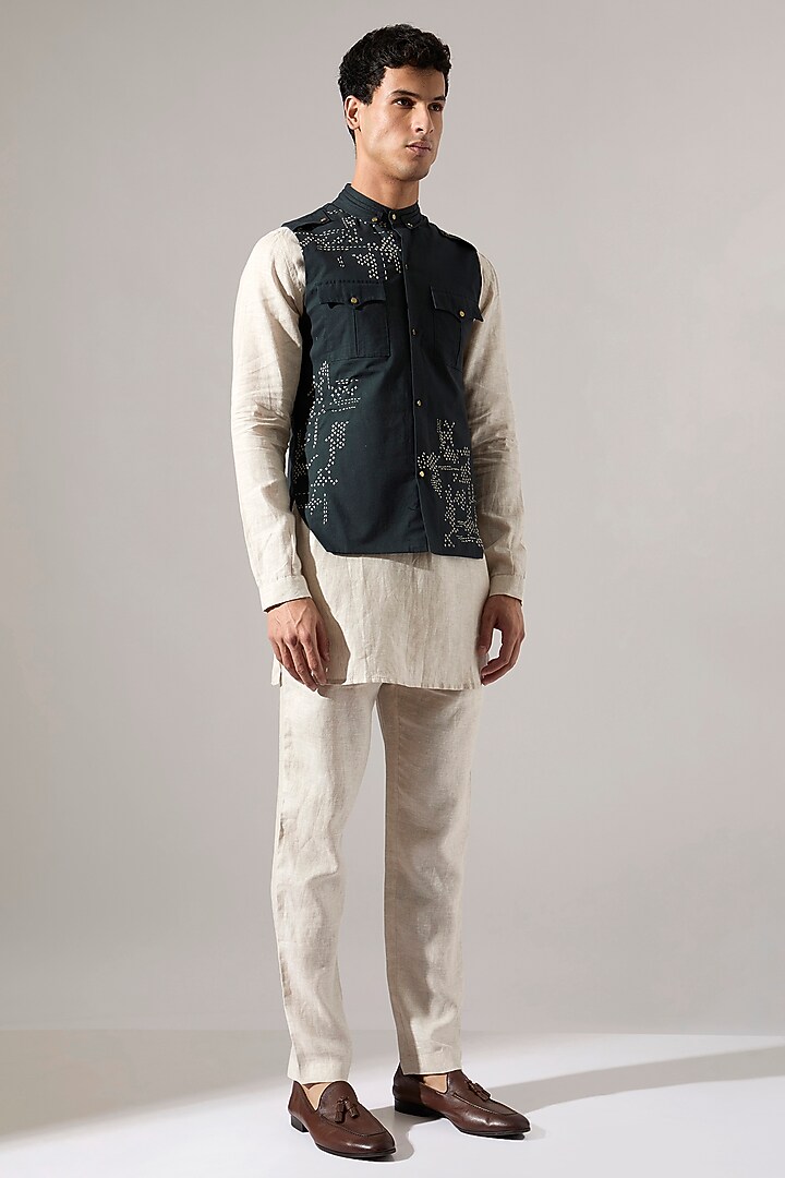 Forest Green Cotton & Linen Hand Embroidered Bundi Jacket Set by Son Of A Noble SNOB Men at Pernia's Pop Up Shop