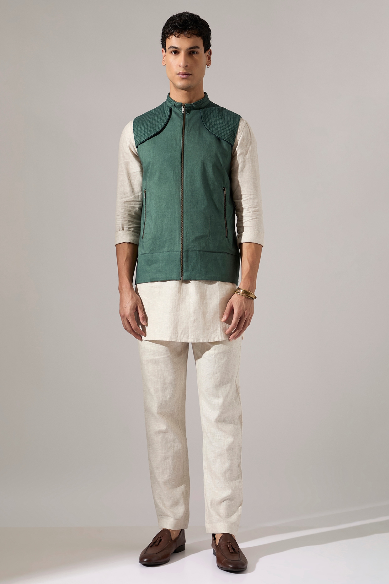 Son Of A Noble SNOB Sage Cotton & Linen Bundi Jacket Set