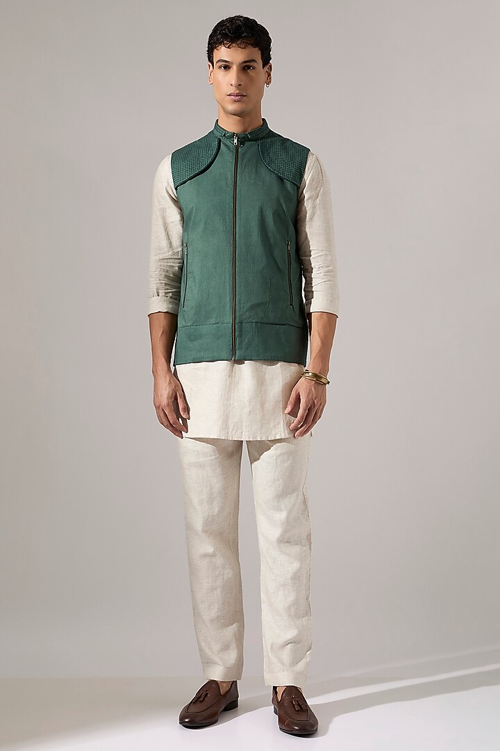 Sage Cotton & Linen Bundi Jacket Set by Son Of A Noble SNOB Men at Pernia's Pop Up Shop