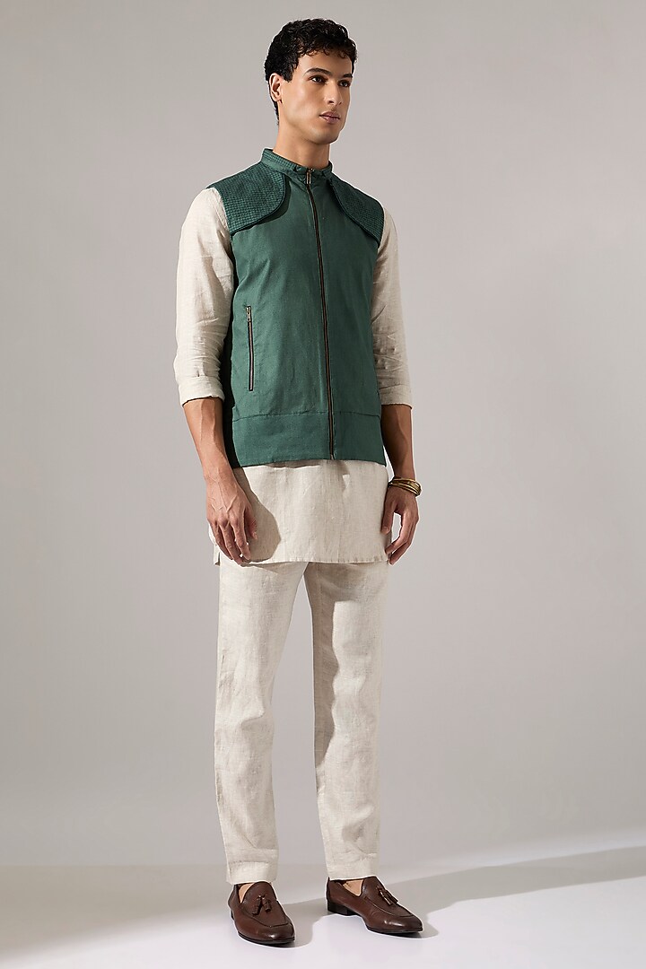 Sage Cotton & Linen Bundi Jacket Set by Son Of A Noble SNOB Men at Pernia's Pop Up Shop
