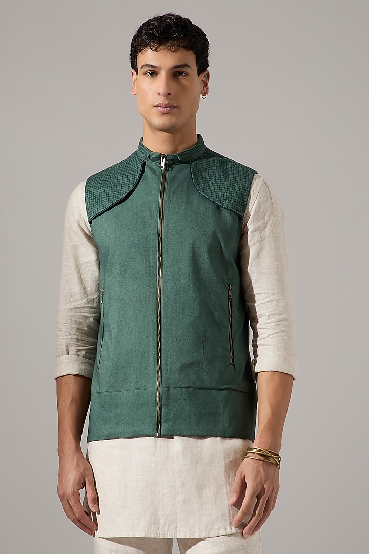 Sage Cotton & Linen Bundi Jacket Set by Son Of A Noble SNOB Men at Pernia's Pop Up Shop