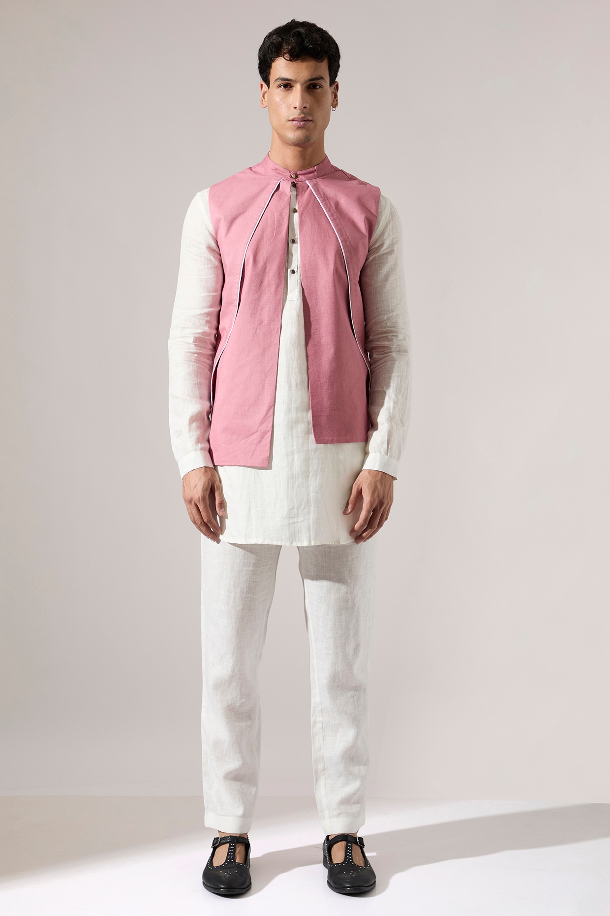 Son Of A Noble SNOB Pink Cotton & Linen Bundi Jacket Set