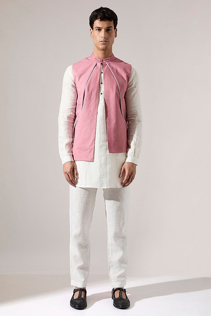 Pink Cotton & Linen Bundi Jacket Set by Son Of A Noble SNOB Men at Pernia's Pop Up Shop