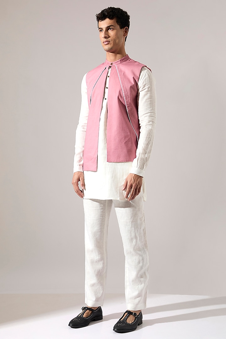 Pink Cotton & Linen Bundi Jacket Set by Son Of A Noble SNOB Men at Pernia's Pop Up Shop