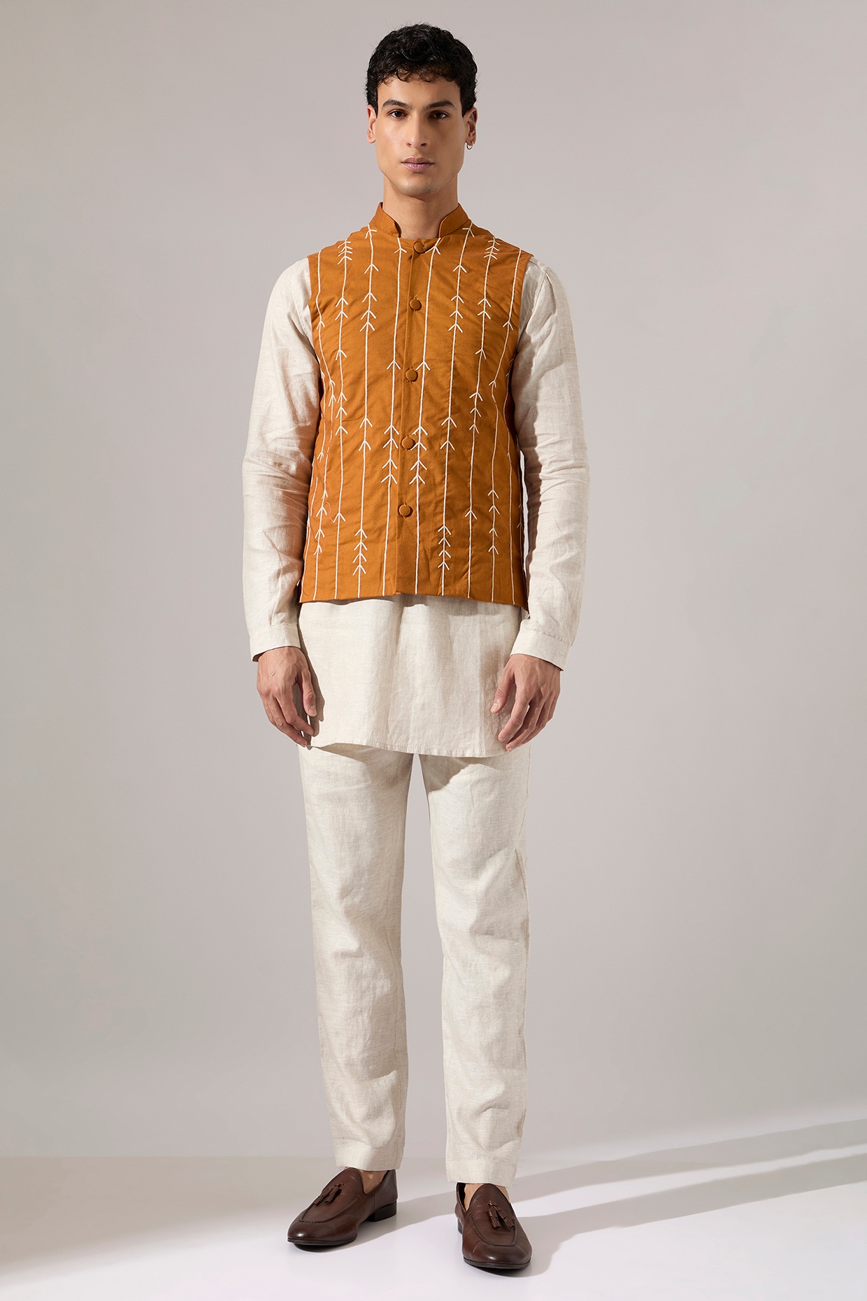 Son Of A Noble SNOB Mustard Cotton & Linen Hand Embroidered Bundi Jacket Set