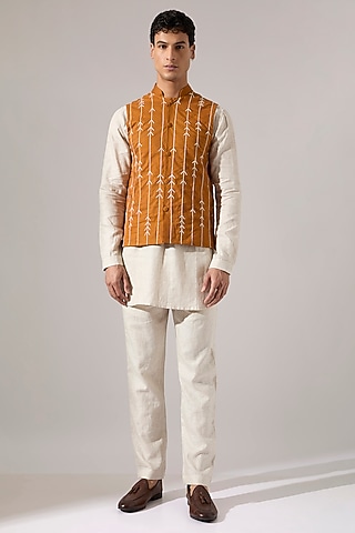 Mustard Cotton & Linen Hand Embroidered Bundi Jacket Set by Son Of A Noble SNOB Men