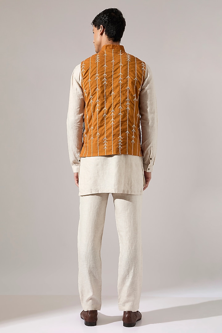 Mustard Cotton & Linen Hand Embroidered Bundi Jacket Set by Son Of A Noble SNOB Men at Pernia's Pop Up Shop