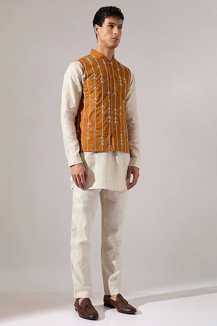 Mustard Cotton & Linen Hand Embroidered Bundi Jacket Set by Son Of A Noble SNOB Men at Pernia's Pop Up Shop