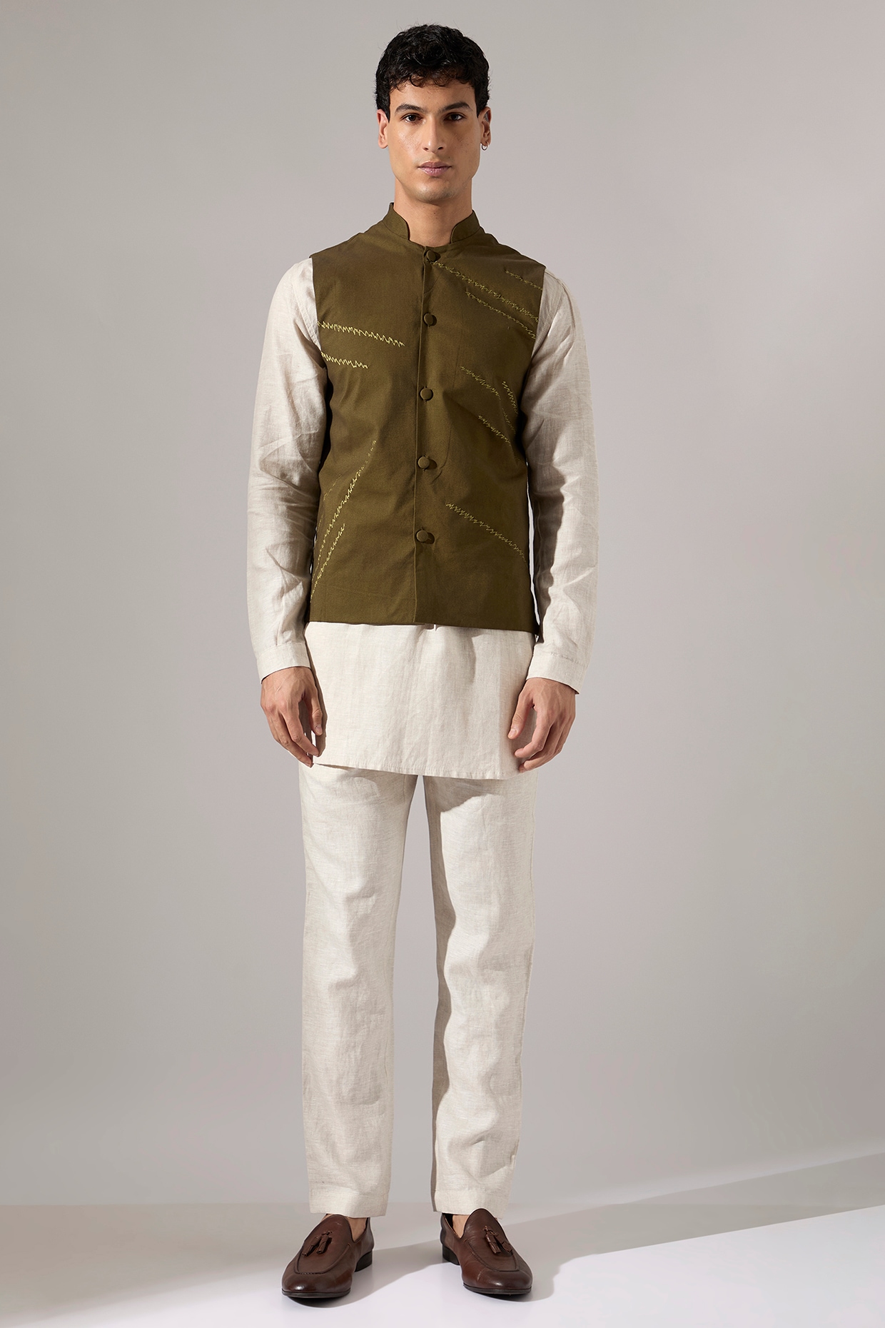 Son Of A Noble SNOB Olive Cotton & Linen Embroidered Bundi Jacket Set
