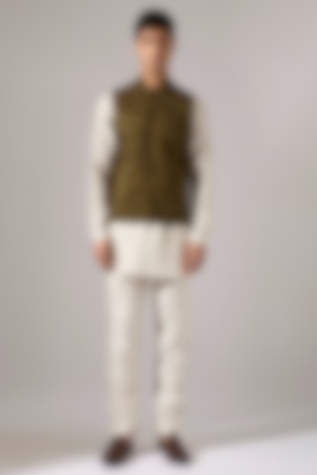 Olive Cotton & Linen Embroidered Bundi Jacket Set by Son Of A Noble SNOB Men at Pernia's Pop Up Shop