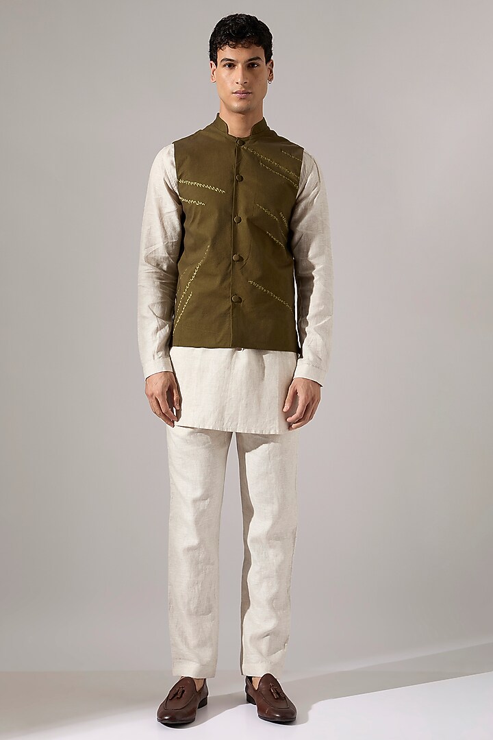 Olive Cotton & Linen Embroidered Bundi Jacket Set by Son Of A Noble SNOB Men at Pernia's Pop Up Shop