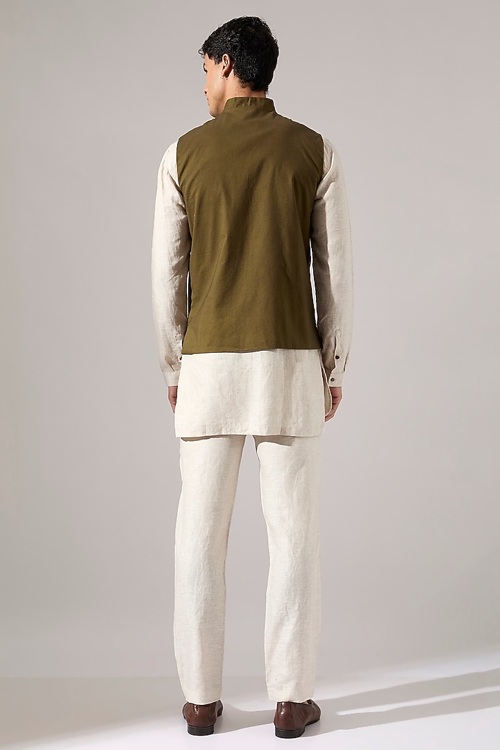 Olive Cotton & Linen Embroidered Bundi Jacket Set by Son Of A Noble SNOB Men at Pernia's Pop Up Shop