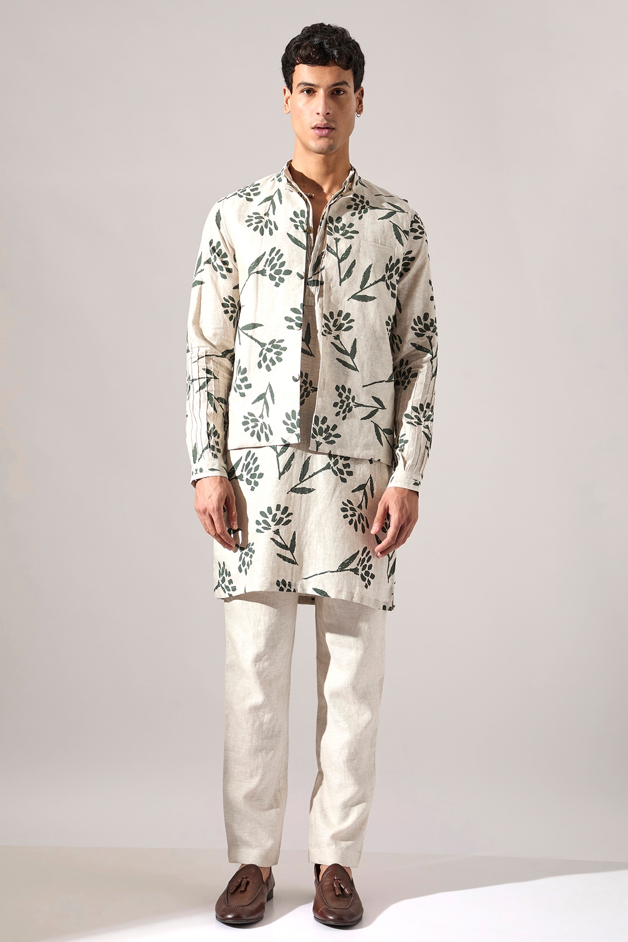 Son Of A Noble SNOB Ivory Linen Printed Bundi Jacket Set