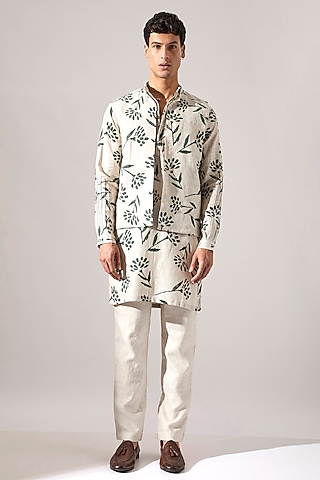 Ivory Linen Printed Bundi Jacket Set by Son Of A Noble SNOB Men