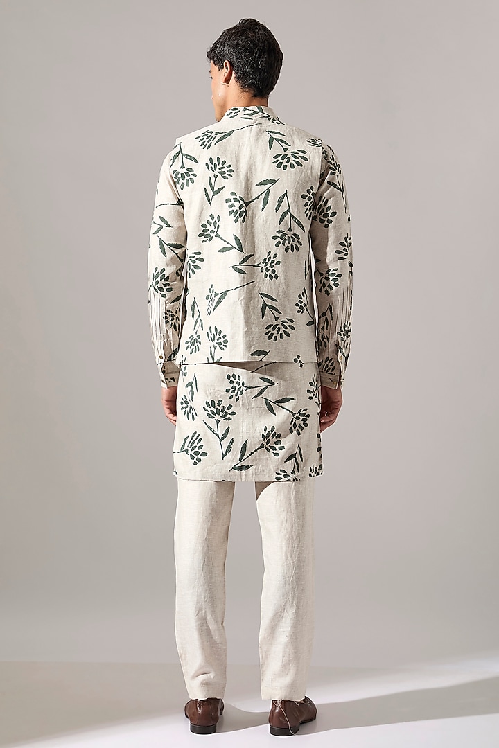 Ivory Linen Printed Bundi Jacket Set by Son Of A Noble SNOB Men at Pernia's Pop Up Shop
