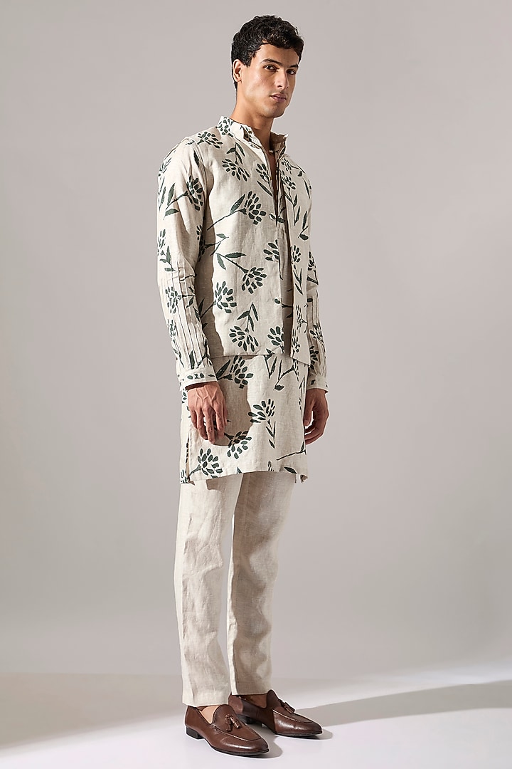 Ivory Linen Printed Bundi Jacket Set by Son Of A Noble SNOB Men at Pernia's Pop Up Shop