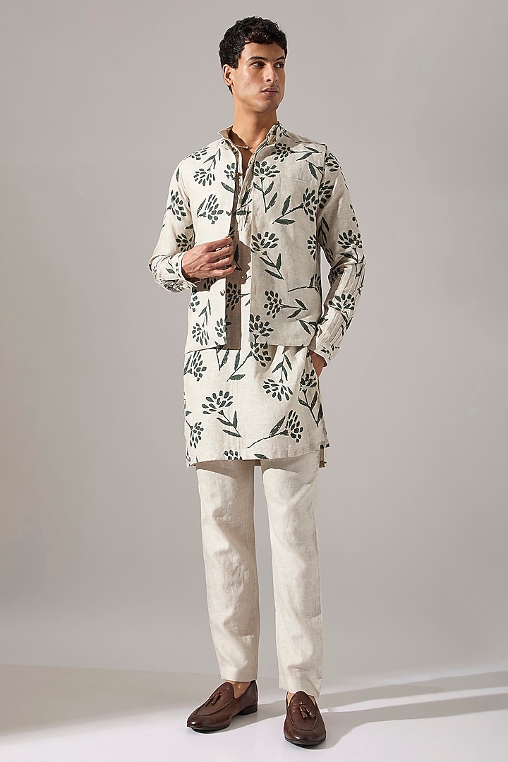 Ivory Linen Printed Bundi Jacket Set by Son Of A Noble SNOB Men at Pernia's Pop Up Shop
