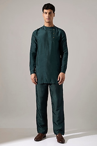 Forest Green Raw Silk Kurta Set by Son Of A Noble SNOB Men