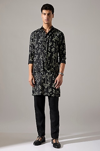 Black Linen Printed Bundi Jacket Set by Son Of A Noble SNOB Men