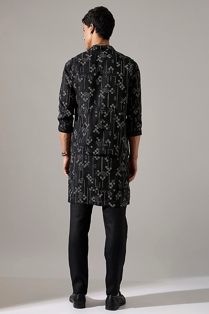 Black Linen Printed Bundi Jacket Set by Son Of A Noble SNOB Men at Pernia's Pop Up Shop