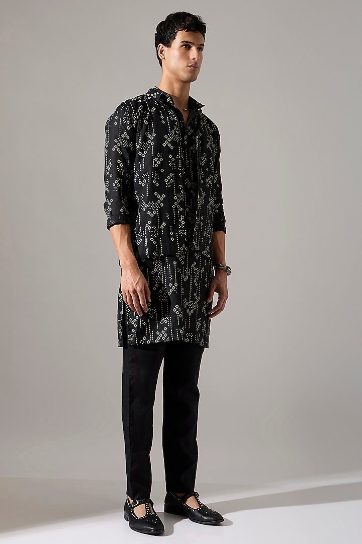 Black Linen Printed Bundi Jacket Set by Son Of A Noble SNOB Men at Pernia's Pop Up Shop