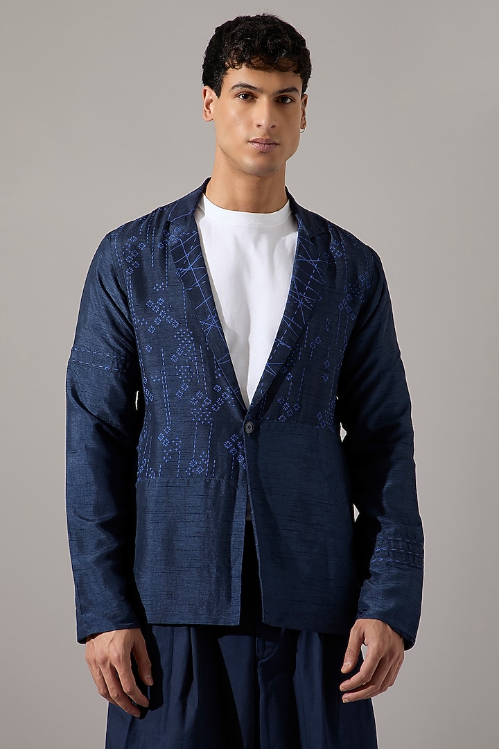 Navy Raw Silk Blazer Set by Son Of A Noble SNOB Men at Pernia's Pop Up Shop