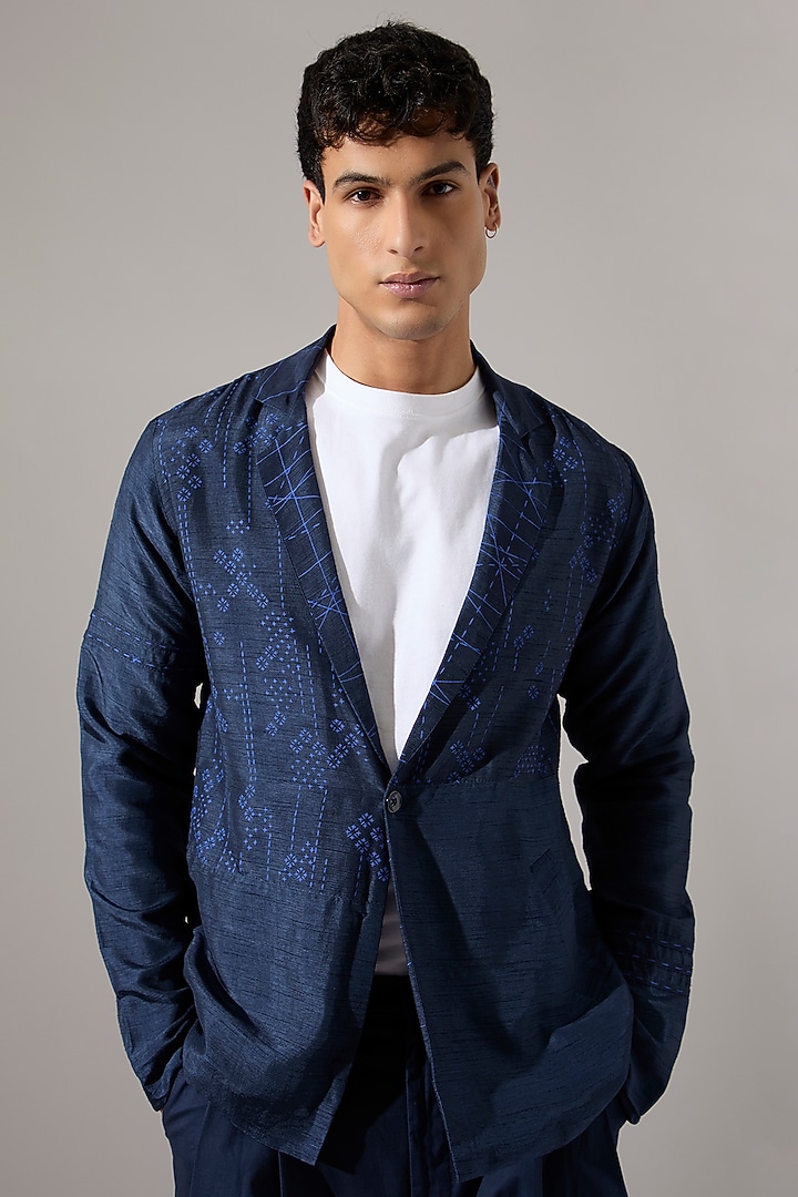 Navy Raw Silk Blazer Set by Son Of A Noble SNOB Men at Pernia's Pop Up Shop
