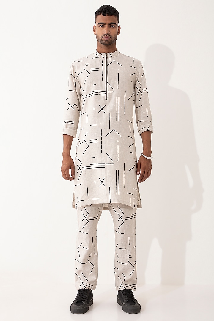 Ivory Linen Printed Kurta Set by Son Of A Noble SNOB Men