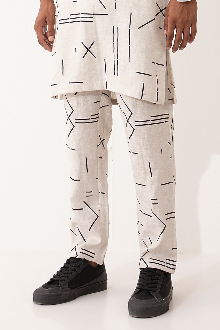 Ivory Linen Printed Kurta Set by Son Of A Noble SNOB Men at Pernia's Pop Up Shop