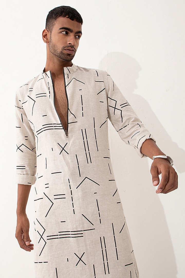 Ivory Linen Printed Kurta Set by Son Of A Noble SNOB Men at Pernia's Pop Up Shop