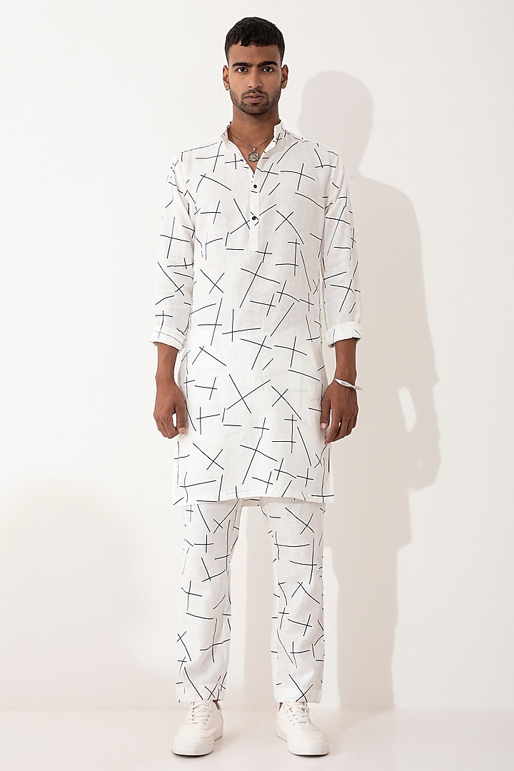 White Linen Printed Kurta Set by Son Of A Noble SNOB Men