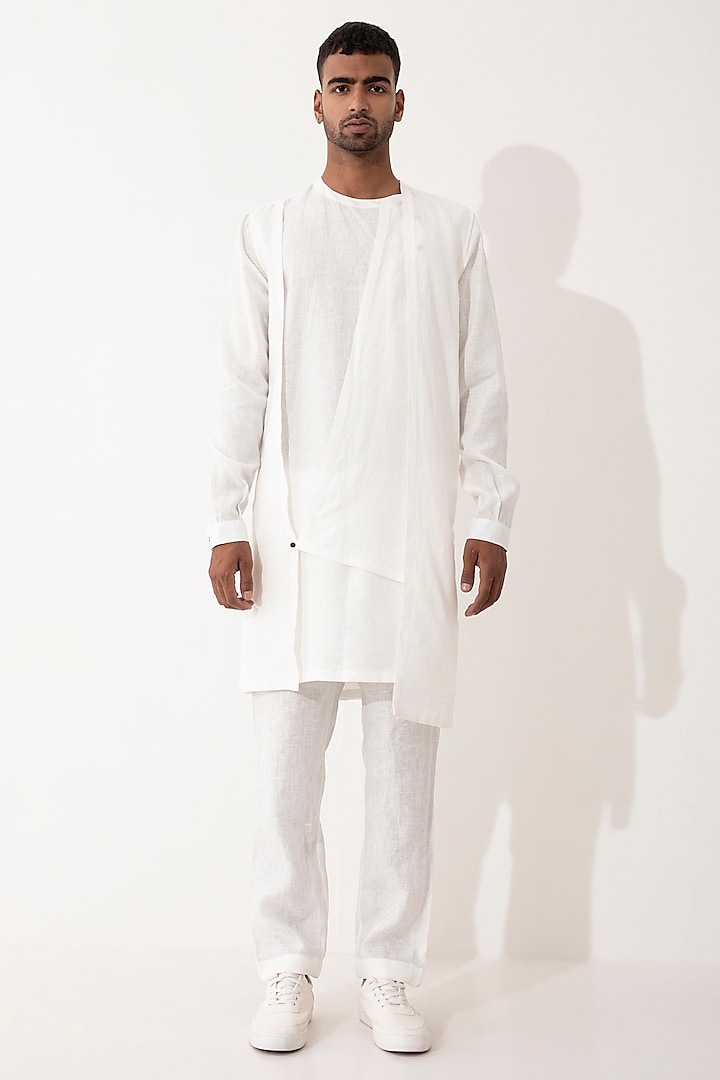 White Linen Paneled Kurta Set by Son Of A Noble SNOB Men