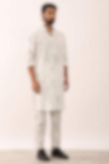 White Linen Printed Kurta Set by Son Of A Noble SNOB Men