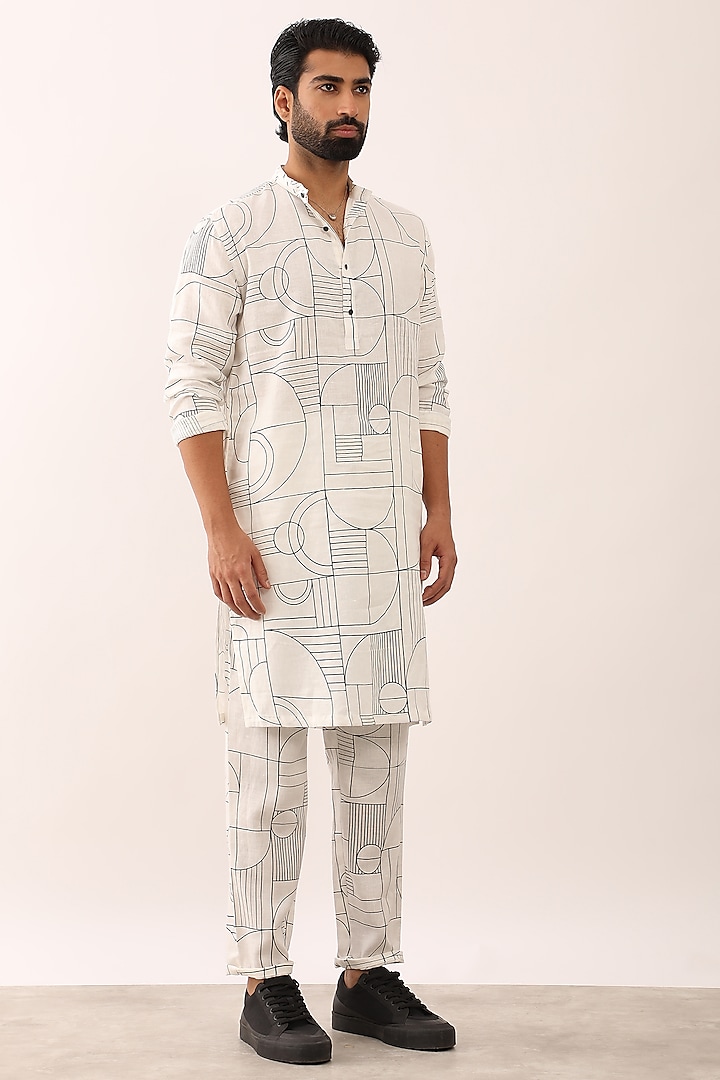 White Linen Printed Kurta Set by Son Of A Noble SNOB Men