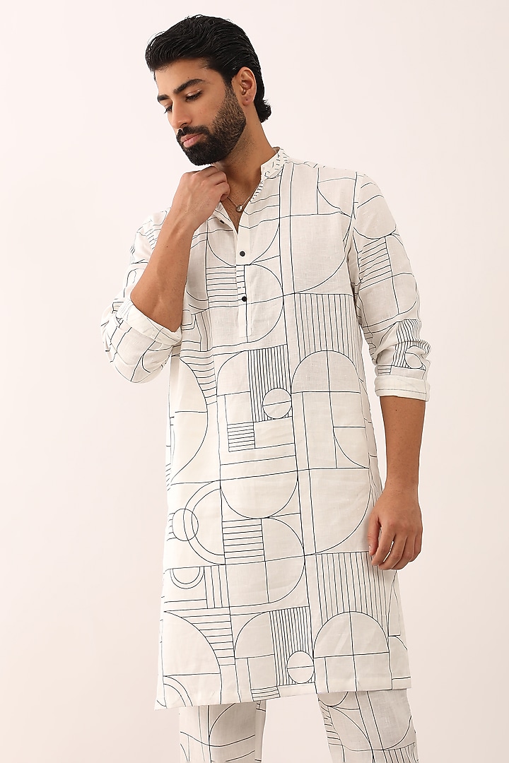 White Linen Printed Kurta Set by Son Of A Noble SNOB Men at Pernia's Pop Up Shop