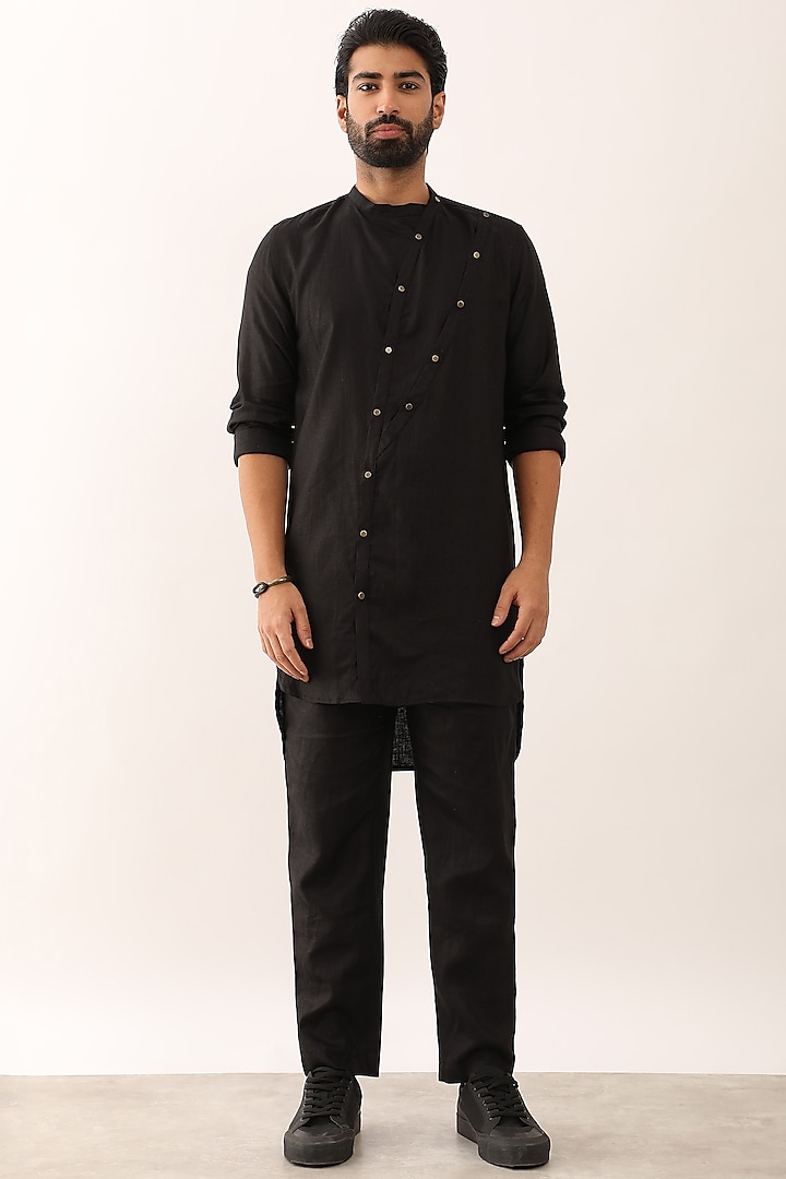 Black Linen Kurta Set by Son Of A Noble SNOB Men