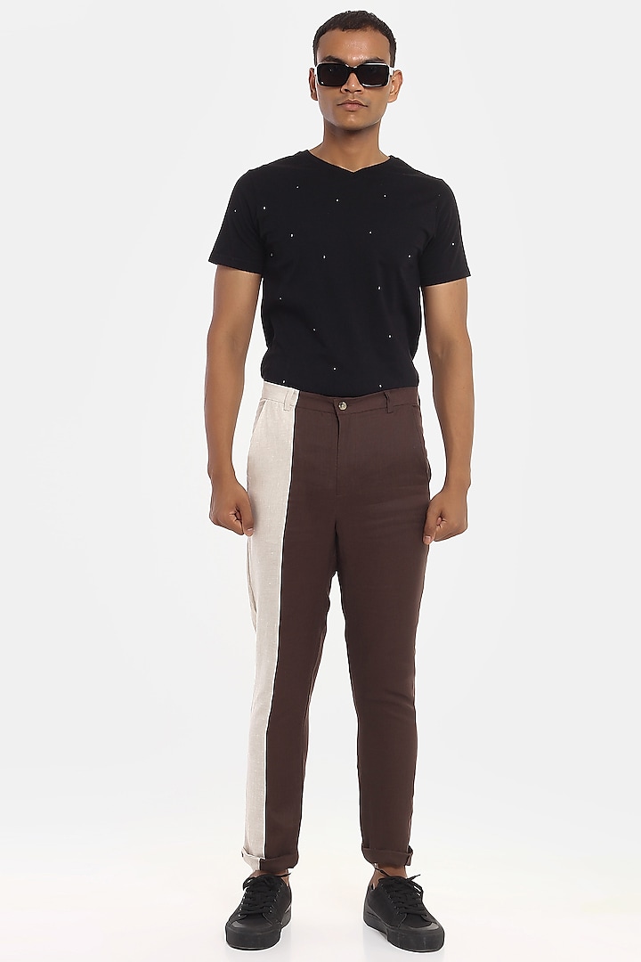 Brown Color Blocked Trousers by Son Of A Noble SNOB Men