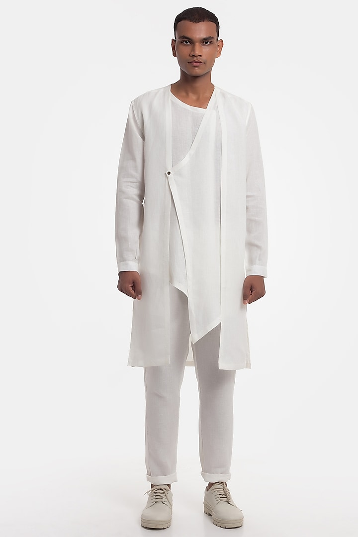 White Linen Asymmetrical Kurta by Son Of A Noble SNOB Men