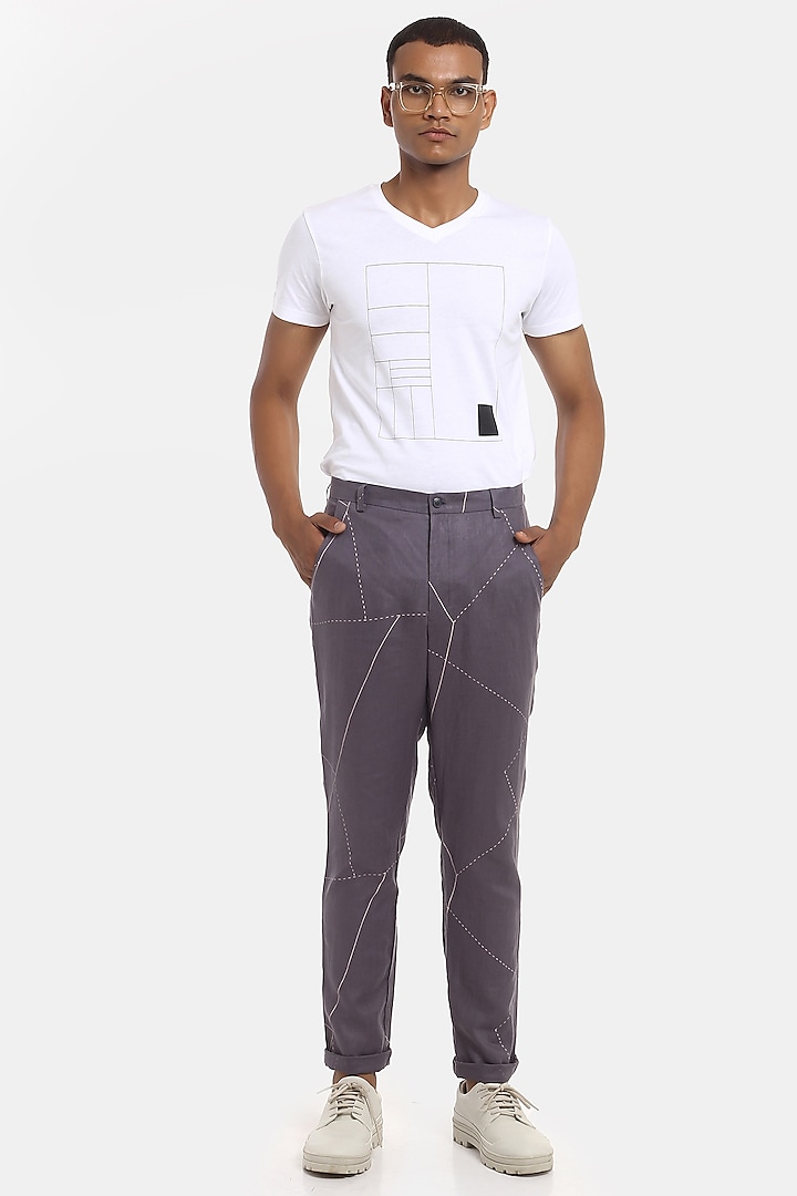 Grey Linen Printed Trousers by Son Of A Noble SNOB Men