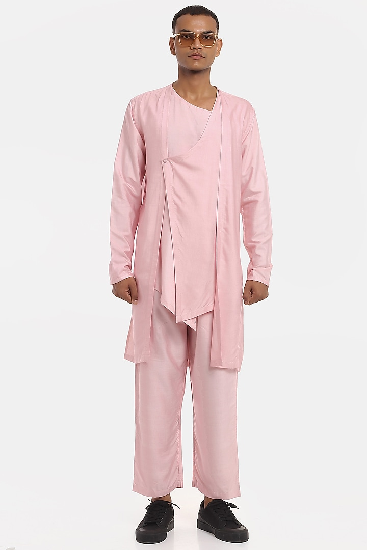 Pink Asymmetrical Kurta Set by Son Of A Noble SNOB Men at Pernia's Pop Up Shop